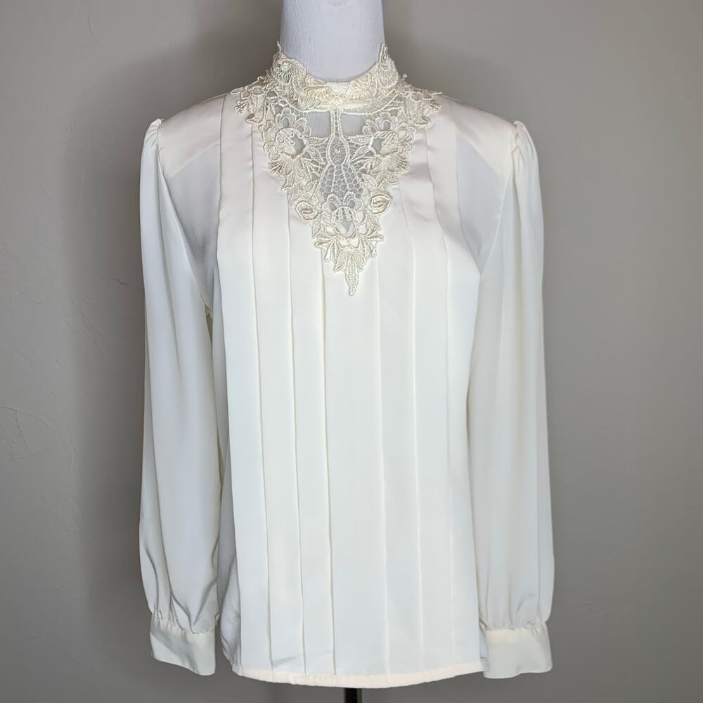 Vintage Cream Pleat Front Lace High Neck Blouse Sz 6